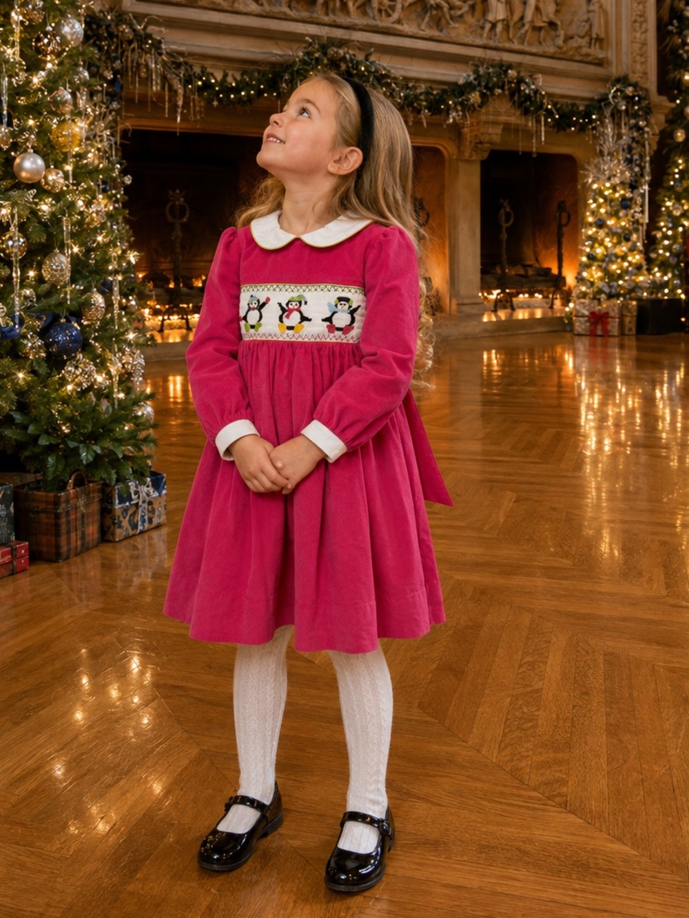 Marmellata Girls Size 5 Fuchsia Corduroy Smocked Penguin Christmas Dress